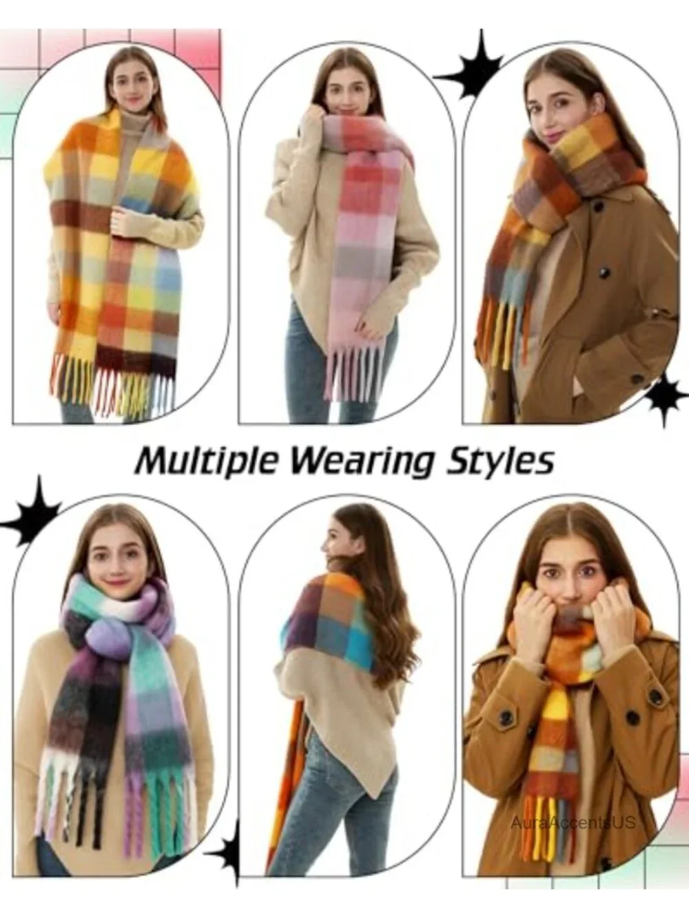 4-Pack Chunky Plaid Scarf Set Oversized Warm Shawl Wrap